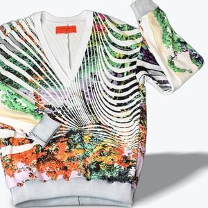 Clover Canyon Fleece Sweatshirt Abstract All Over Print Deep‎ V Neck Size S